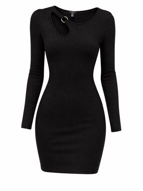 Gold-Ring Black Long-Sleeve Bodycon Dress